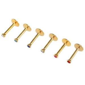 Gold Plated Stainless Steel Internally Threaded Labrets with Clear CZ 