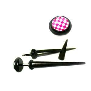 Long Fake Piercing Expanders with Pink Checker Pattern Design. Sold As 