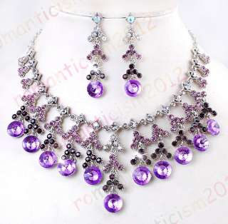 Free purple necklace earring set Czech rhinestone  