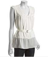BCBGMAXAZRIA off white silk belted sleeveless blouse style# 317946901