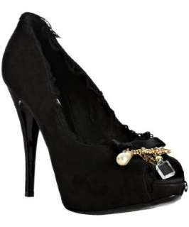 Dolce & Gabbana black suede lace trim safety pin brooch peep toe pumps 