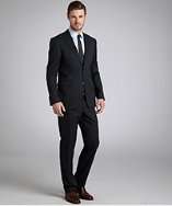 Gucci black wool two button suit with flat front pants style 