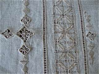 VINTAGE ECRU LINEN Hand done 34 sq TABLECLOTH Italian Whitework Lace 