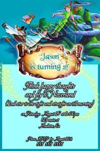 Custom invitations Peter Pan Tinkerbell Birthday party  