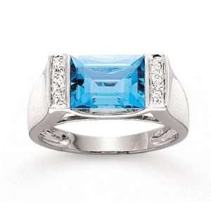  14k White Gold Blue Topaz Baguette Diamond Ring: Jewelry
