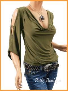 Green Cowl Neck Cut Out Asym Sleeve Blouse Top, L  