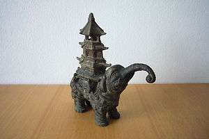 Small Antique Bronze Chinese Buddhist Elephant Pagoda Statue  