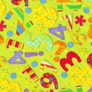  Sandbox Prints quilt fabric, Colorful numbers on lime, by 