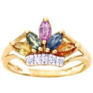  14K Yellow Gold Gemstone and Diamond Tiara Right Hand Ring 