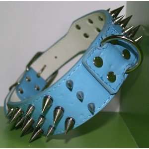  Blue Plus leather Dog Spiked / Studded Collar, 3 Rows Sick 