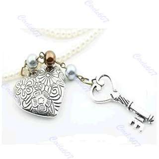 Fashion Cute Heart Pearl Key Bowknot Sweater Necklace  