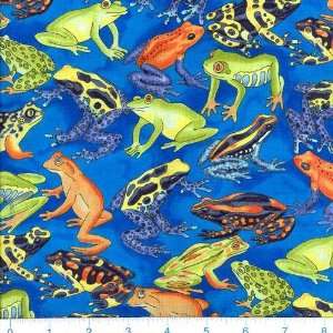  45 Wide Rainforest Frogs Blue Fabric By The Yard: Arts 