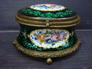 RARE ANTIQUE 19th C. FRENCH ENAMELLED BRASS JEWELERY BOX.  