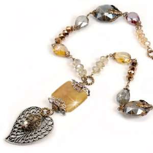  Filigree Leaf & Crystal Woodland Necklace Jewelry