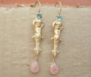 14k Gold Vintage French Cherub Pink Sapphire Earrings  