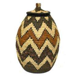 Palm Brown and Green Zigzag Ukhamba Beer Basket (South Africa 