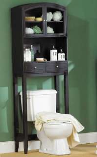 Dark brown bathroom cabinet with glass doors and knobs