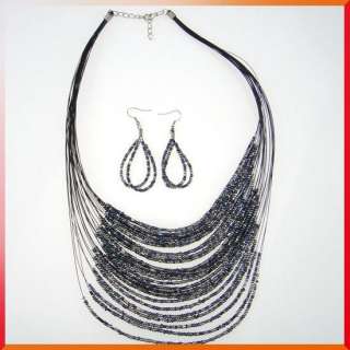 T326 Multi strand black seed bead necklace earrings set  