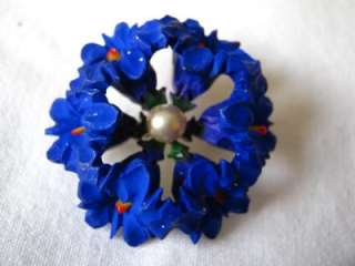   CELLULOID BAKELITE EARLY PLASTIC BROOCH PIN BLUE FLOWERS  