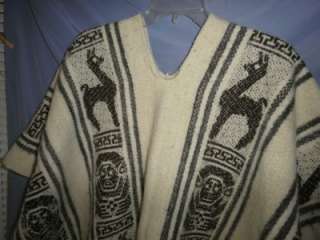 Vtg Hippie Alpaca handwoven wool Blanket Poncho Llama Inca Motif mens 