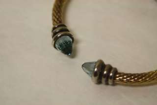 14K Sterling Silver & Blue Topaz Cable Cuff Bracelet Designer Signed 