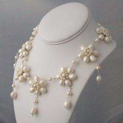 White Pearl Flower Link Drop Necklace (3 11 mm) (Thailand)   