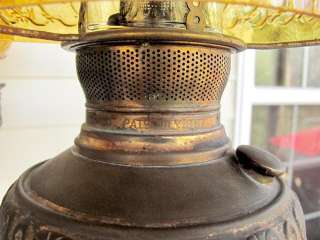   LAMP COPPER CHANDELIER 3 BURNER PAT. 1897 AMBER GLASS SHADES PINEAPPLE