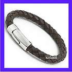   Brown Stainless Steel Braided LEATHER Cuff Wristband Bracelet 8.5