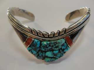   NAVAJO STERLING SILVER TURQUOISE AND INLAID CORAL CUFF BRACELET  