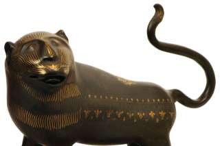 Islamic Qajar Persian Damascened Steel Lion Sculpture  