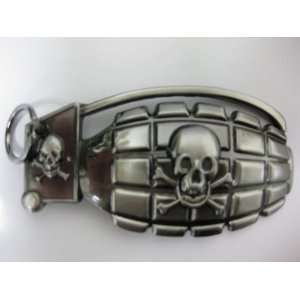  Silver Grenade with Crossbone Skull Belt Buckle 