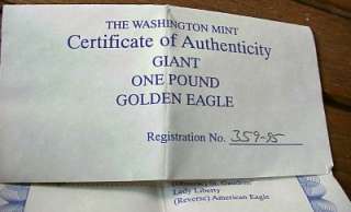 1995 GIANT ONE POUND GOLDEN EAGLE (16 OUNCE TROY) .999 PURE SILVER 24 