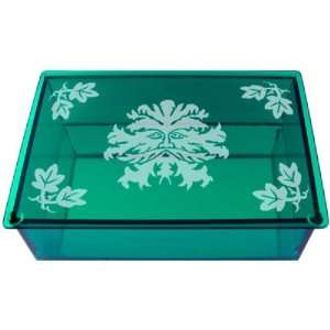 TAROT BOX   GN GLASS GREEN MAN ETCHED:  Kitchen & Dining