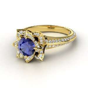  Pave Lotus Ring, Round Sapphire 18K Yellow Gold Ring with 