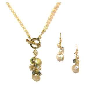 Pearlstone 14K Gold Filled Toggle Front Necklace and Matching Earrings 