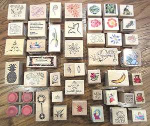 HUGE LOT OF 47 WOODEN RUBBER STAMPS HERO ARTS STAMPENDOUS MAGENTA AND 