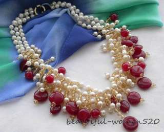 3row 8mm white round freshwater pearl red jade necklace  