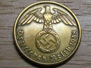 1938 RARE WWII NAZI HITLER GERMANY BRASS REICHSPFENNIG  