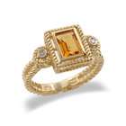   14K Yellow Gold Emerald Cut Citrine and Diamond Ring Size 7