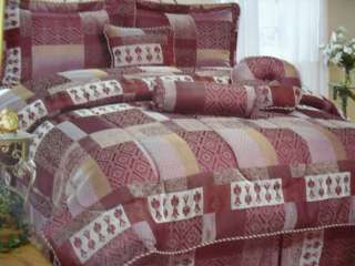 7p Jacquard Comforter Spread Set Queen and King Burgundy Bed in a Bag 