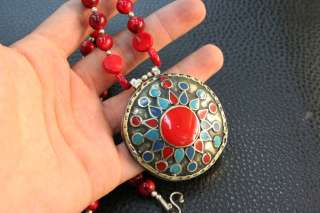AFGHAN TRADITIONAL RED CORAL AND ALPACA PENDANT NECKLACE  