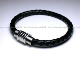 Mens Cow Leather Black 316L Stainless Steel Bracelet E  