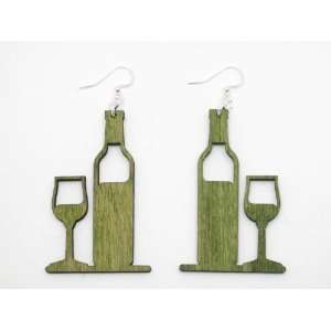  Apple Green Wine Bottle And Glass Wooden Earrings: GTJ 