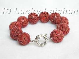 genuine 18mm natural round carved red sponge coral Bracelet