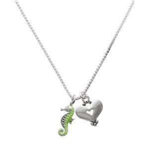  Green Seahorse and Silver Heart Charm Necklace: Jewelry