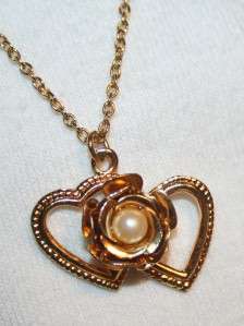 Lovely Double Open Hearts Wrapped Rose Pendant Necklace  
