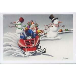 Snowmobile Christmas Card   Santa and 2 Snowmen  Sports 