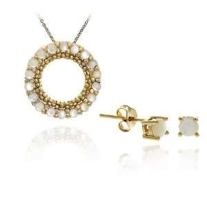    18K Gold/ Sterling Silver MOP Pendant Stud Earring Set Jewelry