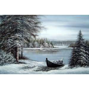  Small Boat and Winter Snow River Scenery Oil Painting 24 x 