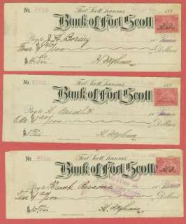 1899 Bank Checks~Bank Of Fort Scott Kansas Revenue  